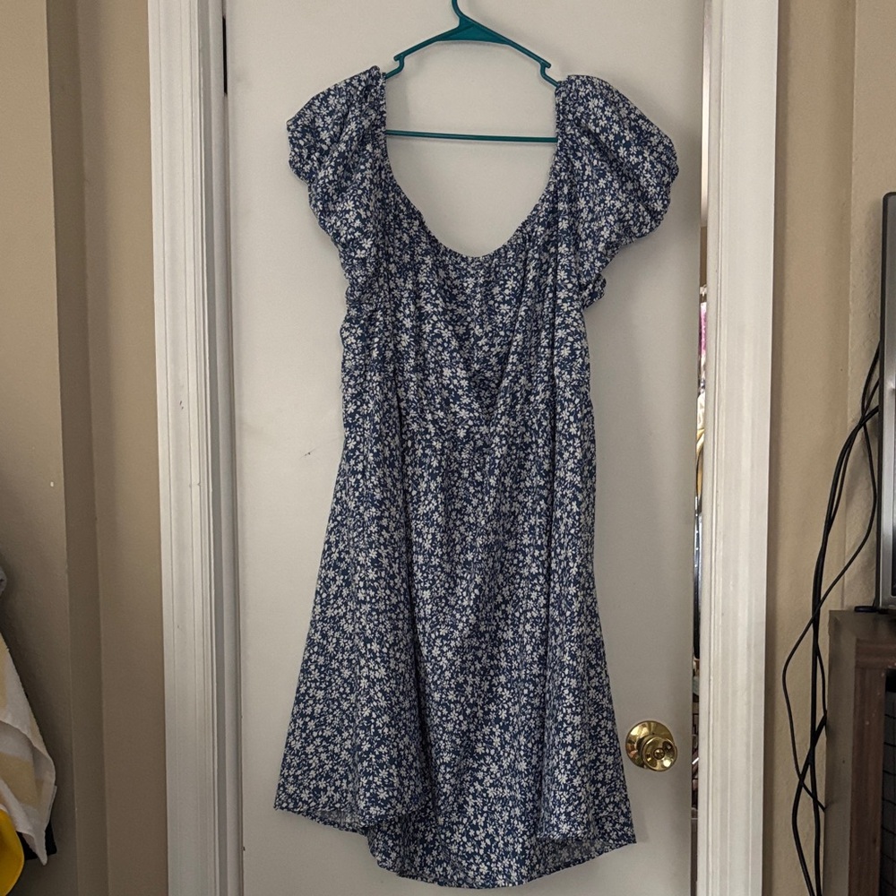 SHEIN Blue Floral Puff-Sleeve Mini Dress